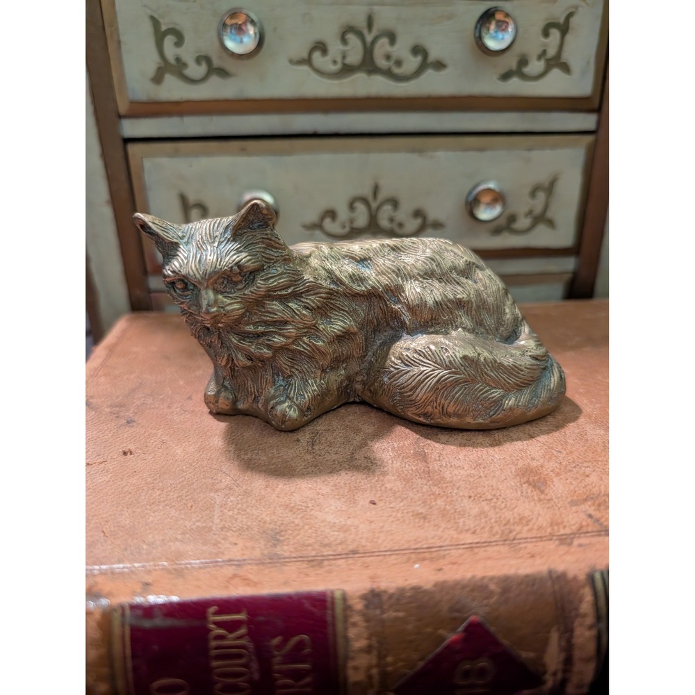Vintage Brass Reclining Cat Figurine 4 inch Longhair Persian Kitten